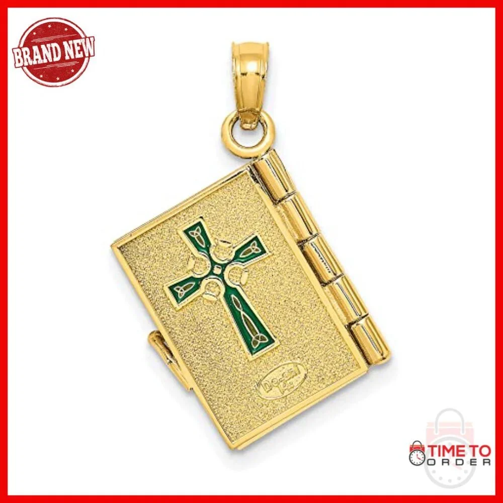10k Yellow Gold Book Locket Pendant with Shamrock Charm, Religious Keepsake